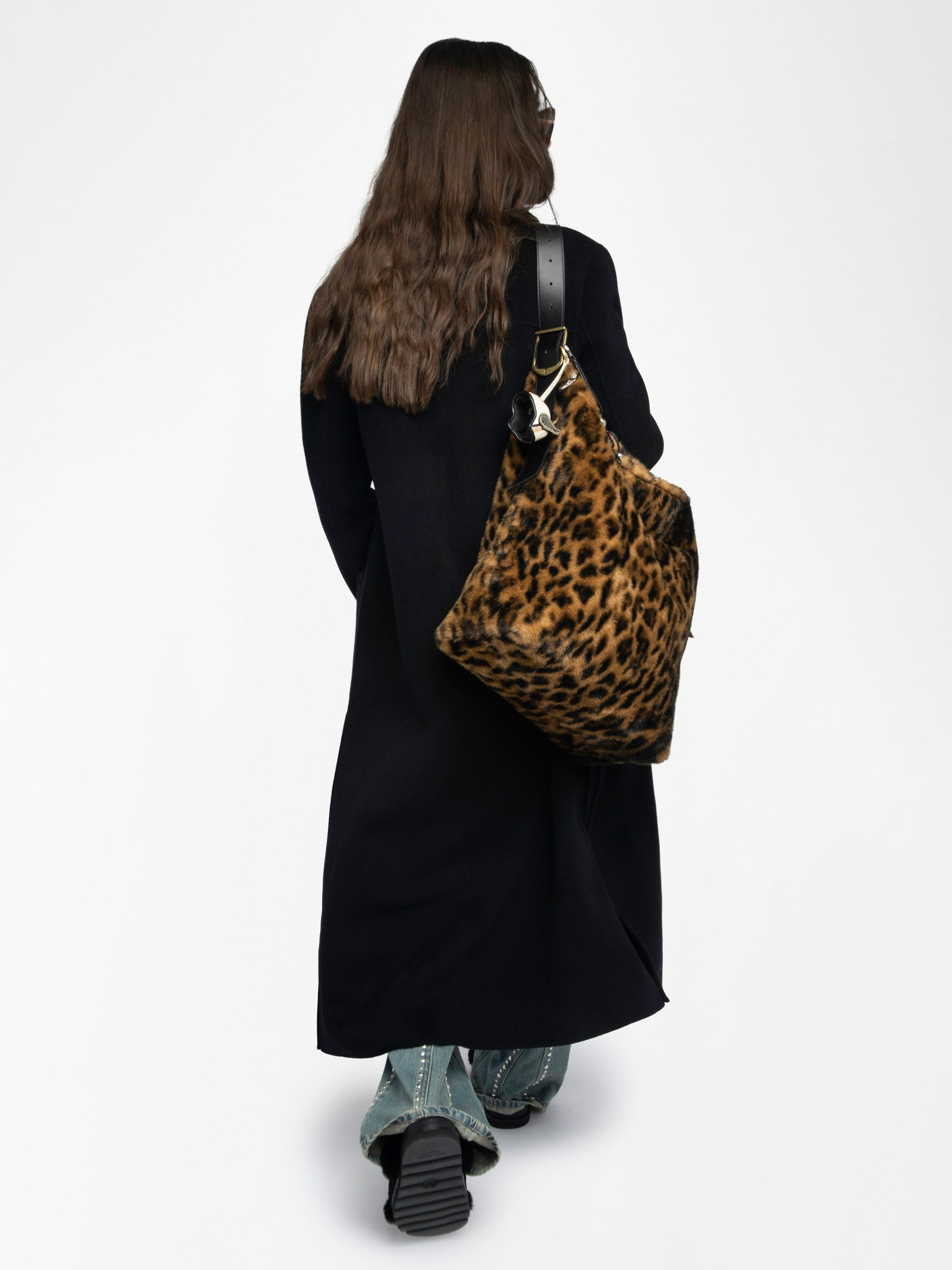 Jane Hobo XL Leopard Bag - Large hobo bag in leopard faux fur with leather shoulder strap and signature wings.